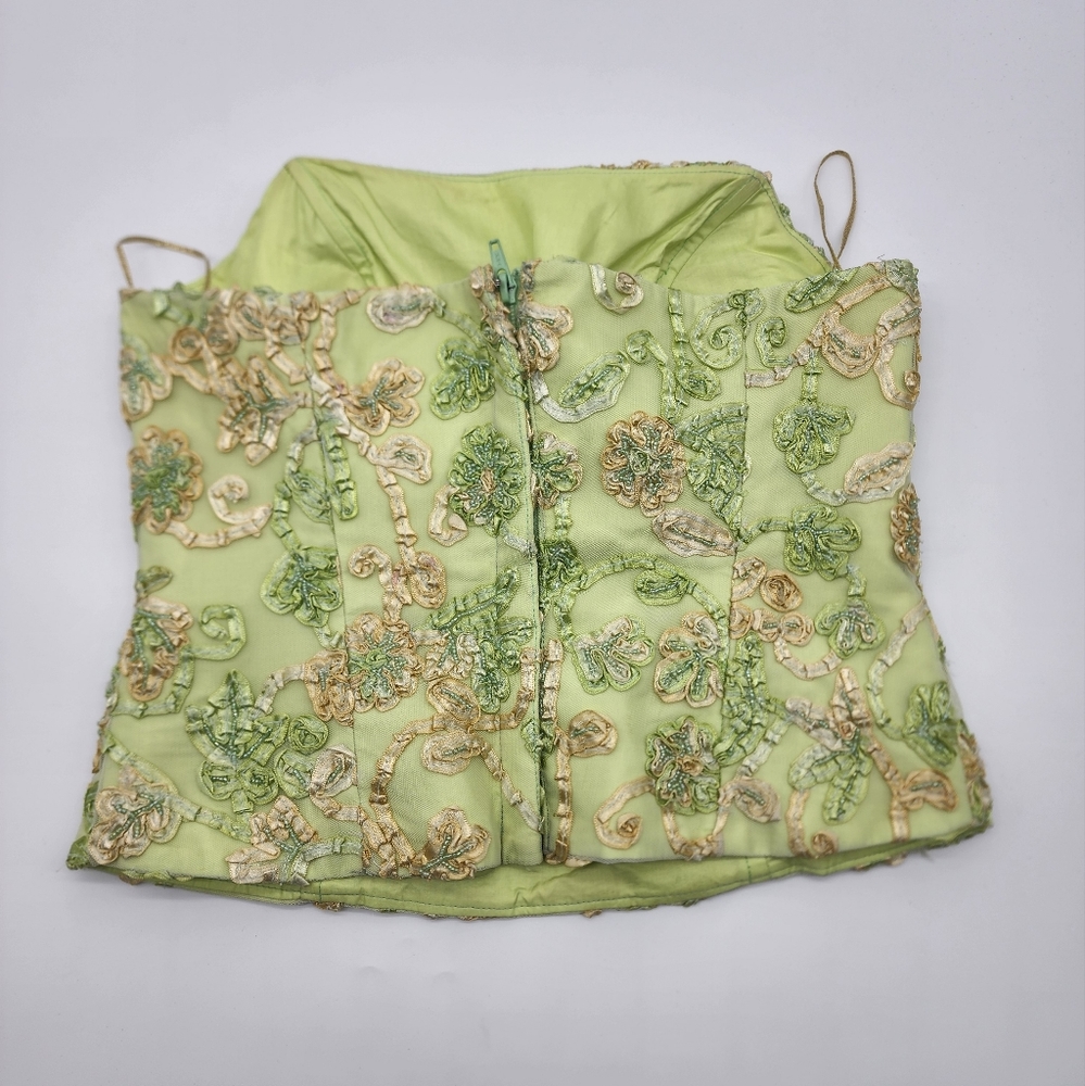 AusM Vintage Green Foral Beaded Bodice Corset Top - Picture 11 of 16